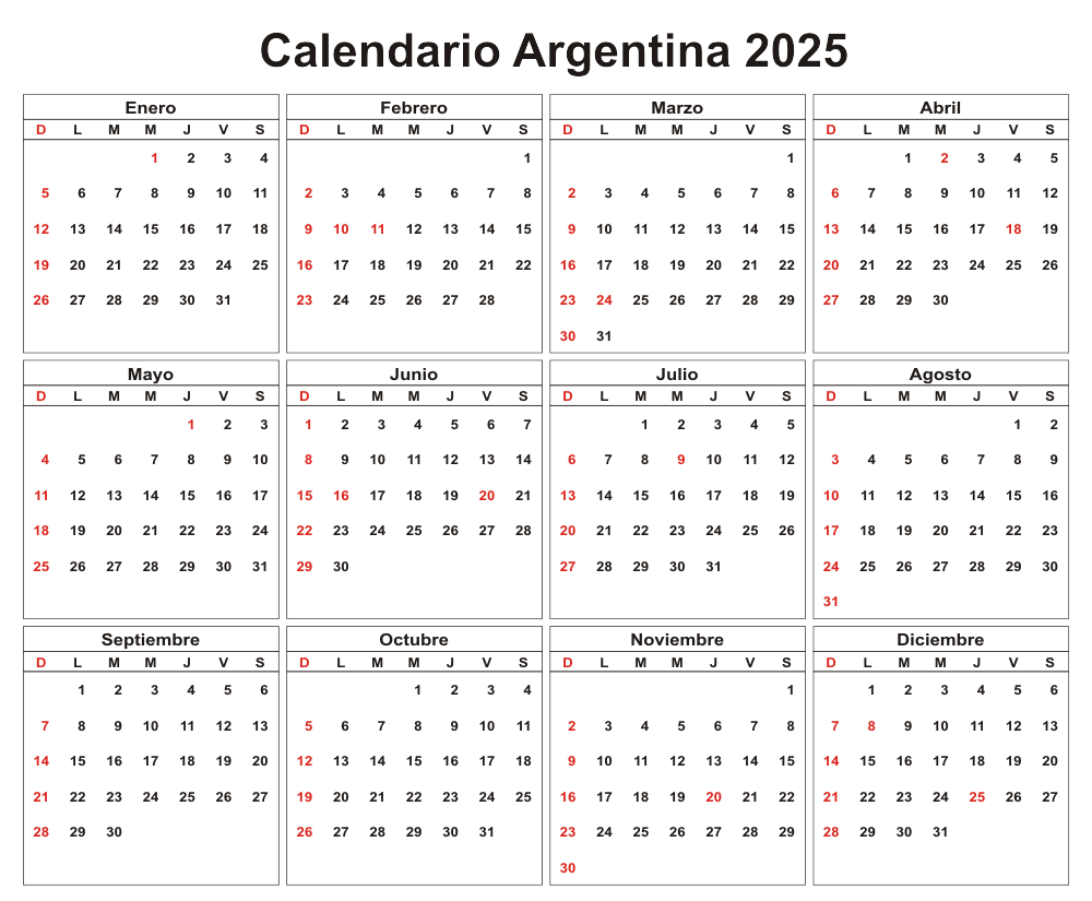 Calendario de Argentina. Feriados 2025